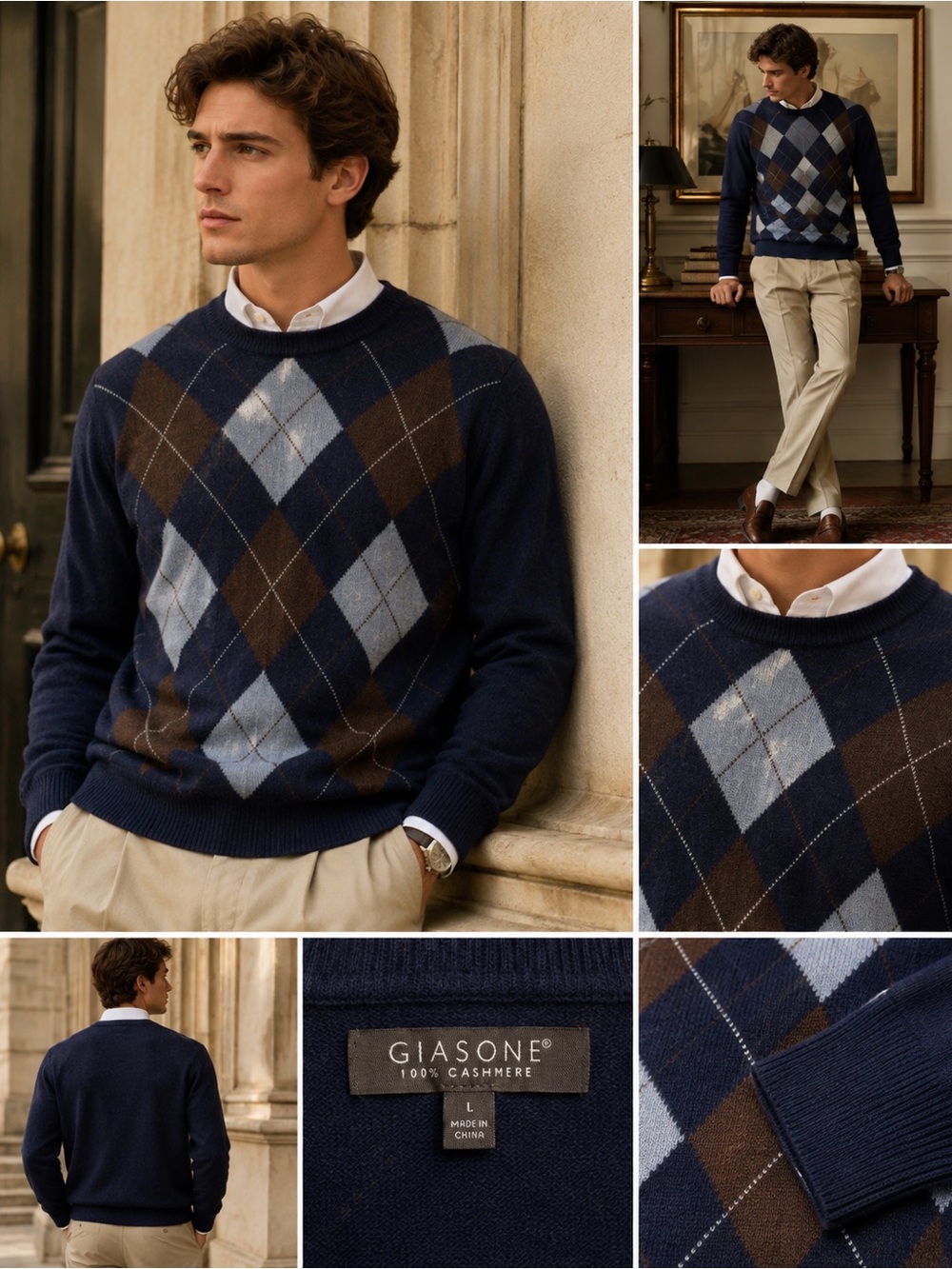 Giasone 100% Cashmere Argyle Sweater Men’s Large Navy Blue Brown